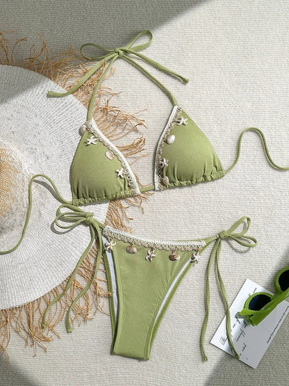 Shell Decoration Ribbed Bikini Women Swimwear Female Swimsuit Two-pieces Bikini Set Halter Strappy Bather Bathing Suit Swim Lady - A-1 Thread Vault