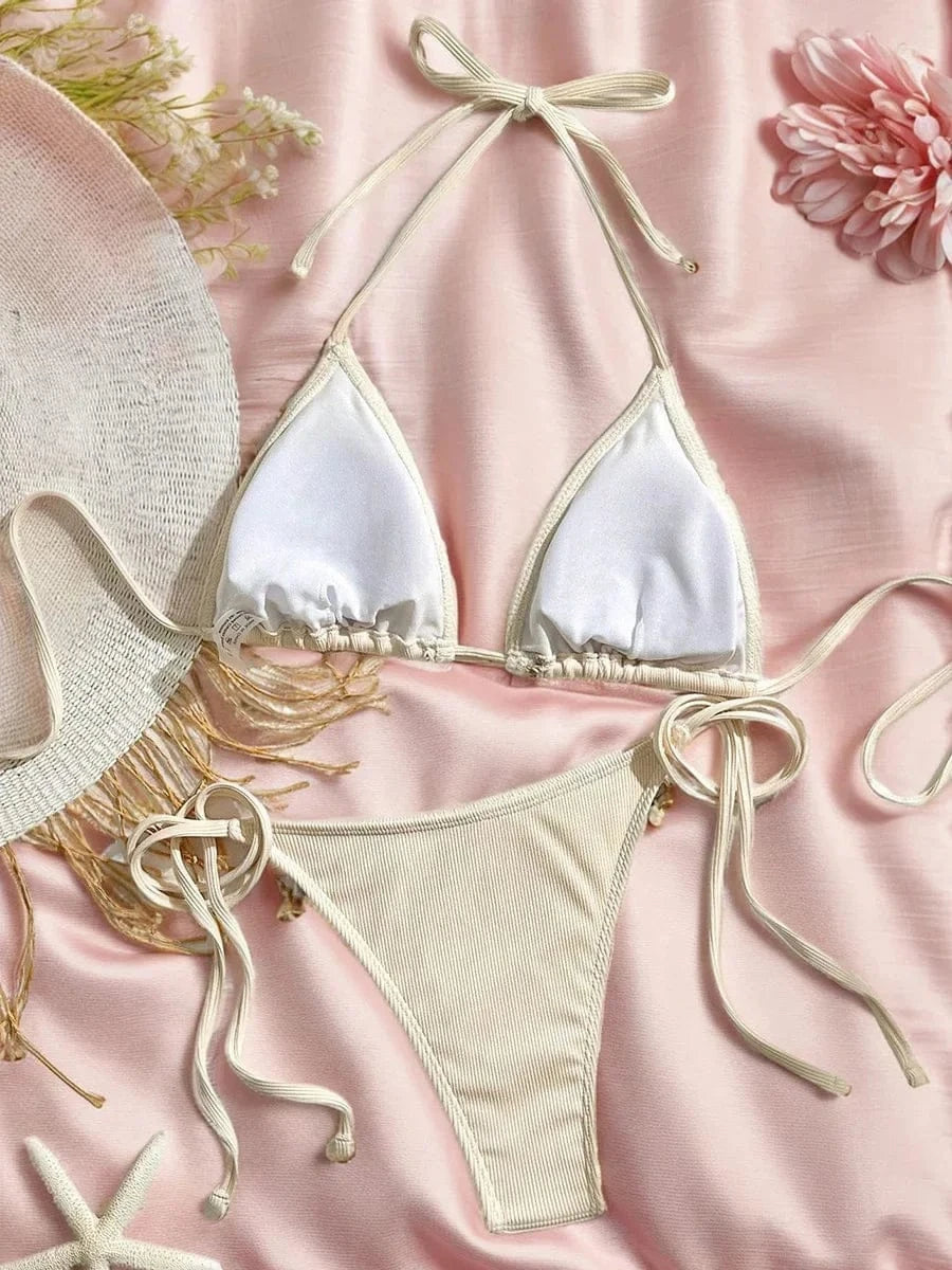 Shell Decoration Ribbed Bikini Women Swimwear Female Swimsuit Two-pieces Bikini Set Halter Strappy Bather Bathing Suit Swim Lady - A-1 Thread Vault