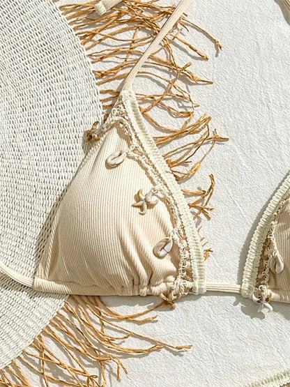 Shell Decoration Ribbed Bikini Women Swimwear Female Swimsuit Two-pieces Bikini Set Halter Strappy Bather Bathing Suit Swim Lady - A-1 Thread Vault