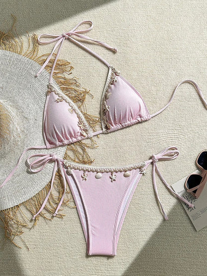 Shell Decoration Ribbed Bikini Women Swimwear Female Swimsuit Two-pieces Bikini Set Halter Strappy Bather Bathing Suit Swim Lady - A-1 Thread Vault