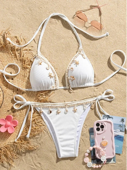 Shell Decoration Ribbed Bikini Women Swimwear Female Swimsuit Two-pieces Bikini Set Halter Strappy Bather Bathing Suit Swim Lady - A-1 Thread Vault