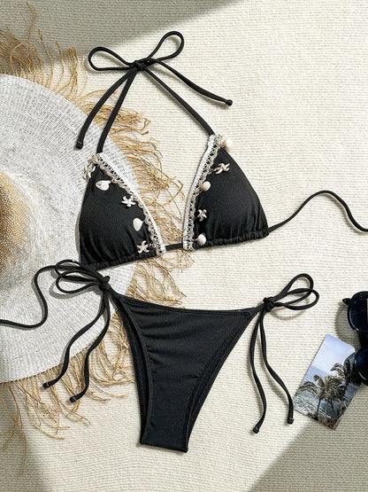Shell Decoration Ribbed Bikini Women Swimwear Female Swimsuit Two-pieces Bikini Set Halter Strappy Bather Bathing Suit Swim Lady - A-1 Thread Vault