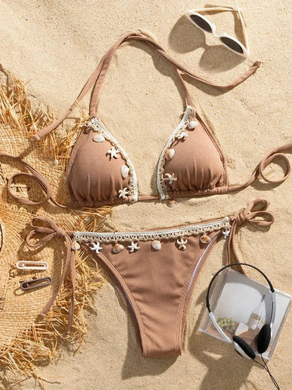 Shell Decoration Ribbed Bikini Women Swimwear Female Swimsuit Two-pieces Bikini Set Halter Strappy Bather Bathing Suit Swim Lady - A-1 Thread Vault