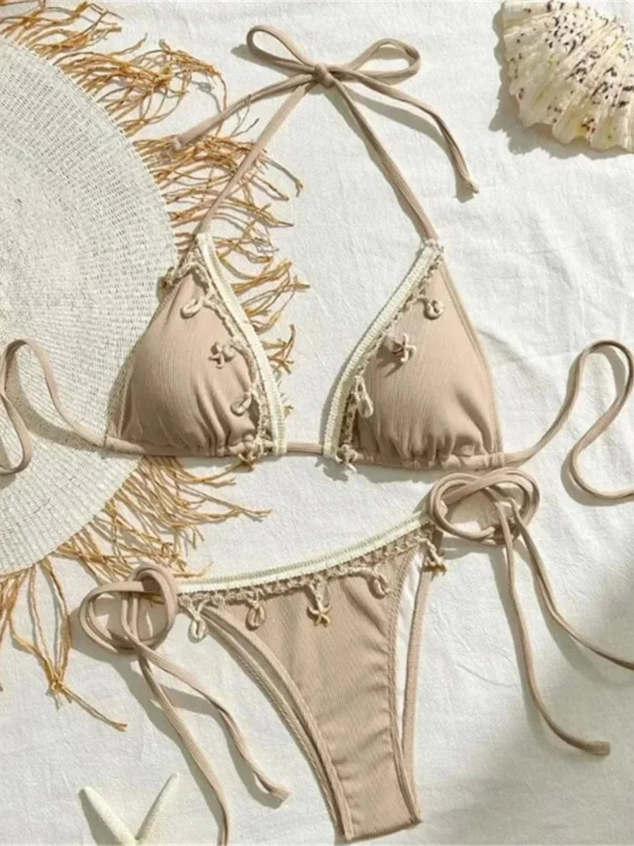Shell Decoration Ribbed Bikini Women Swimwear Female Swimsuit Two-pieces Bikini Set Halter Strappy Bather Bathing Suit Swim Lady - A-1 Thread Vault