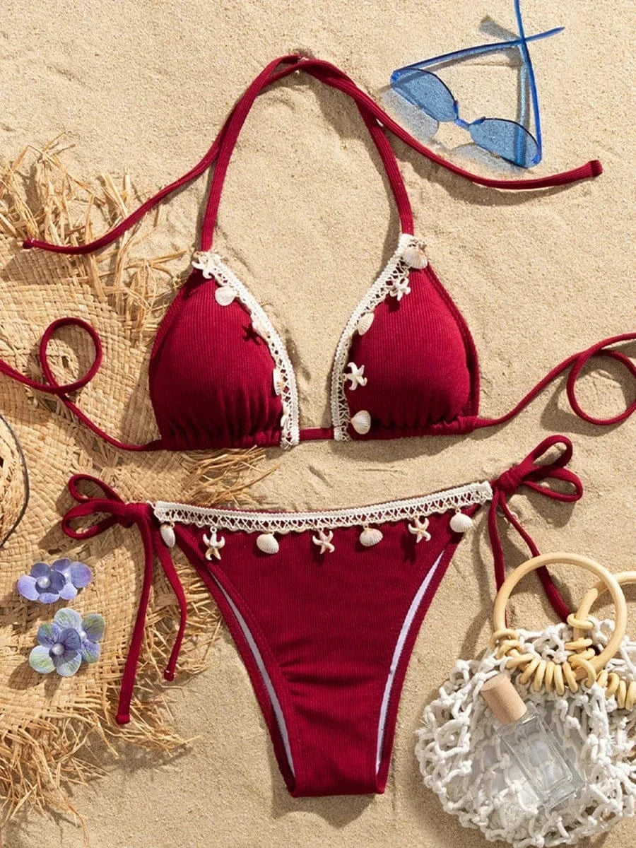 Shell Decoration Ribbed Bikini Women Swimwear Female Swimsuit Two-pieces Bikini Set Halter Strappy Bather Bathing Suit Swim Lady - A-1 Thread Vault