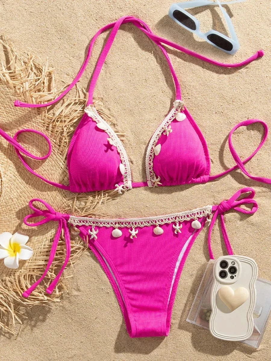 Shell Decoration Ribbed Bikini Women Swimwear Female Swimsuit Two-pieces Bikini Set Halter Strappy Bather Bathing Suit Swim Lady - A-1 Thread Vault