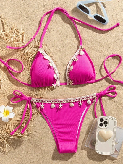 Shell Decoration Ribbed Bikini Women Swimwear Female Swimsuit Two-pieces Bikini Set Halter Strappy Bather Bathing Suit Swim Lady - A-1 Thread Vault