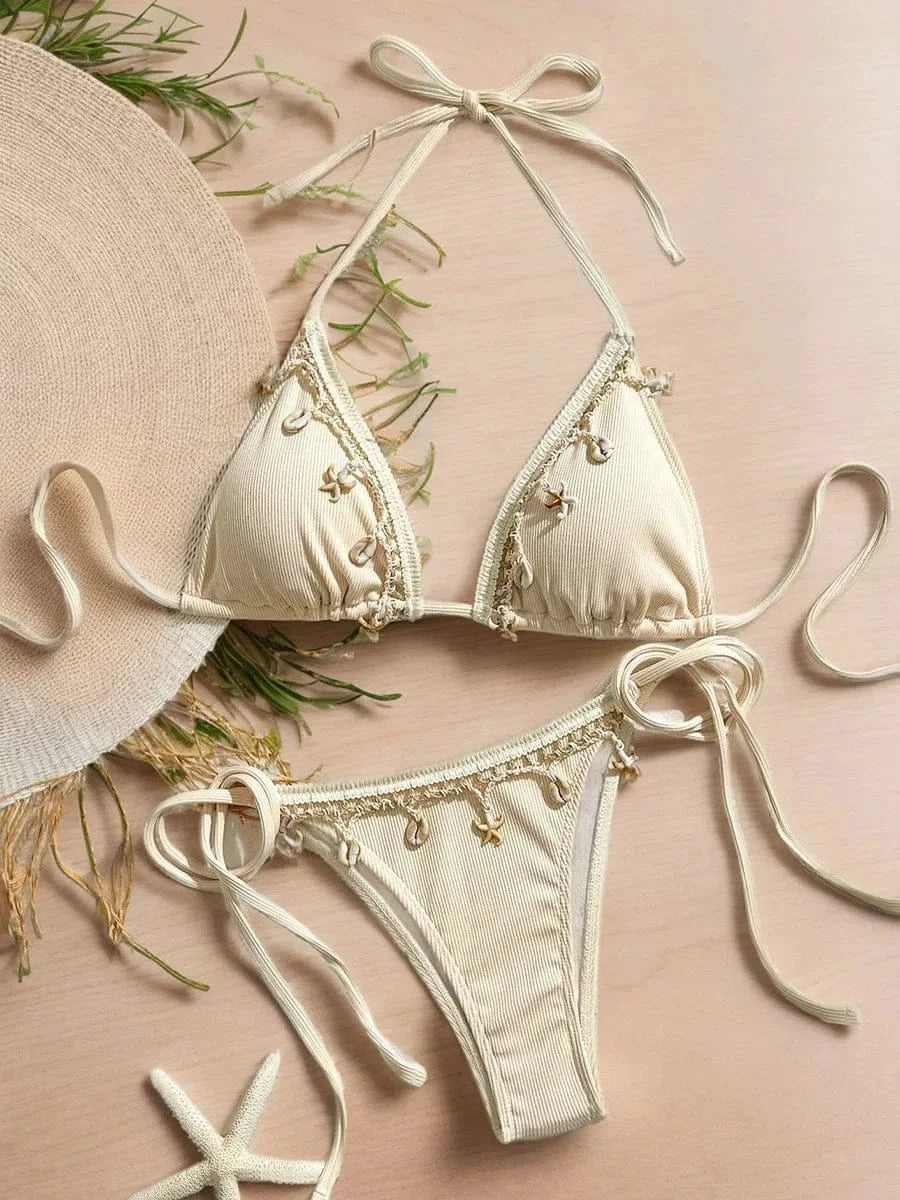 Shell Decoration Ribbed Bikini Women Swimwear Female Swimsuit Two-pieces Bikini Set Halter Strappy Bather Bathing Suit Swim Lady - A-1 Thread Vault