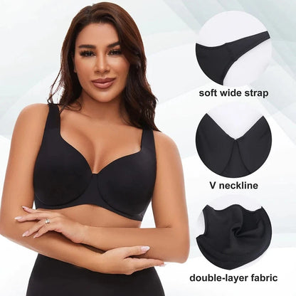 A model wearing a solid black bra with wide straps and a deep V-neckline, accompanied by zoomed-in circular callouts showing the strap, neckline, and double-layer fabric texture.