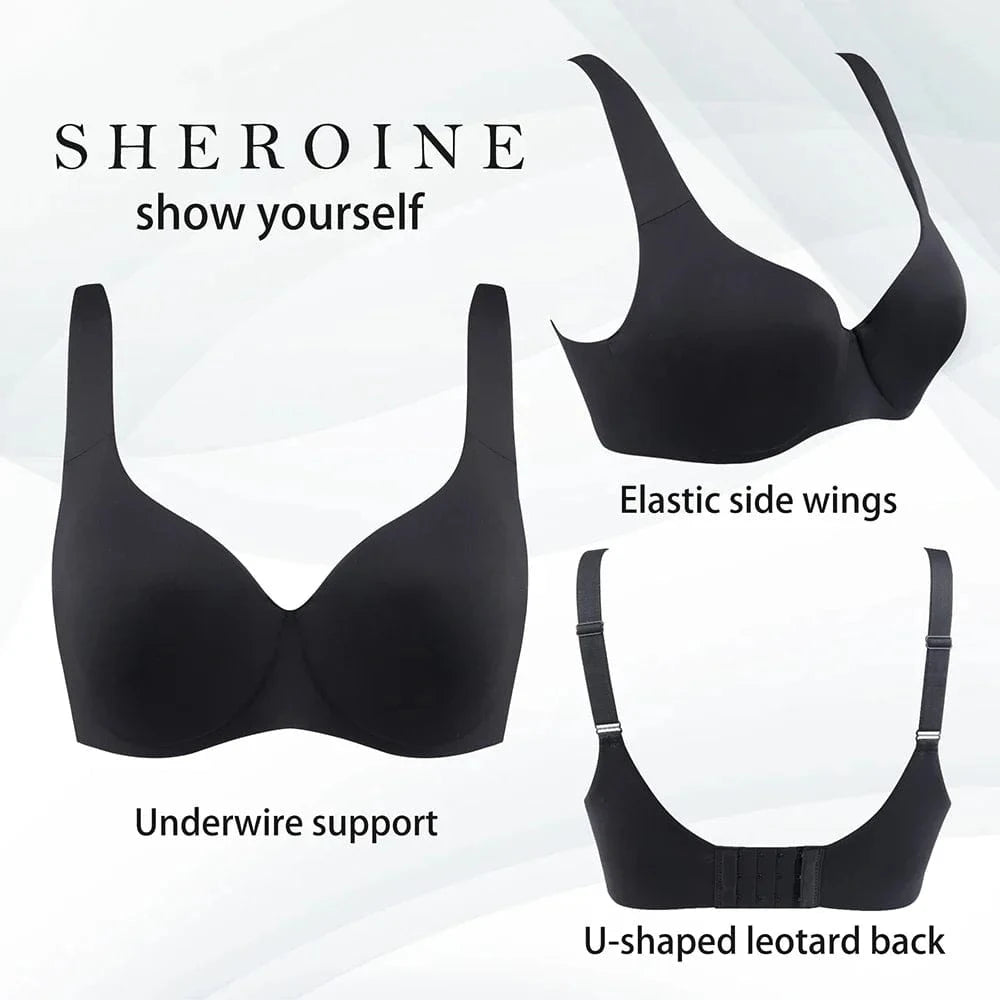 A black bra is shown from three angles highlighting its underwire cups, elastic side wings, and a U-shaped leotard back.
