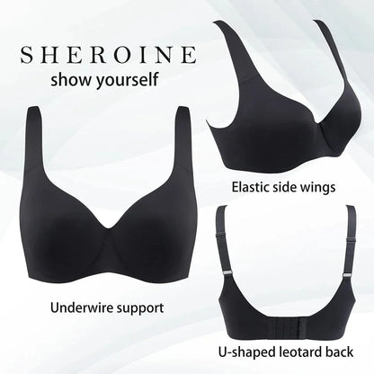 A black bra is shown from three angles highlighting its underwire cups, elastic side wings, and a U-shaped leotard back.