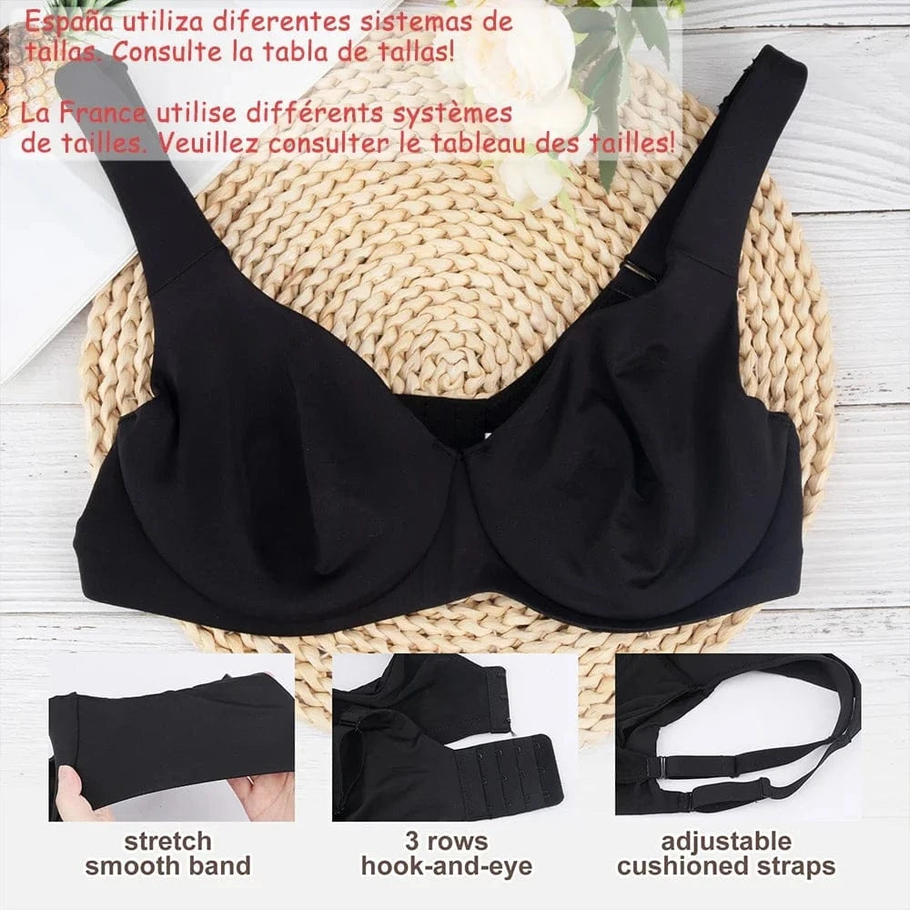 A black wireless bra with wide adjustable cushioned straps, a smooth stretch band, and a three-row hook-and-eye back closure displayed on a woven mat with text overlays in Spanish and French.