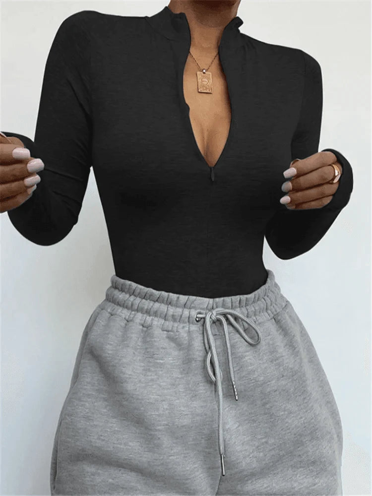 Shestyle Solid Zipper Bodycon Bodysuits Women Sexy Mock Neck Autumn Long Sleeve Fashion Slim Basic Body Winter Gray Outfits Lady - A-1 Thread Vault