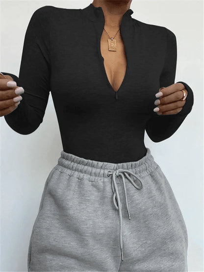 Shestyle Solid Zipper Bodycon Bodysuits Women Sexy Mock Neck Autumn Long Sleeve Fashion Slim Basic Body Winter Gray Outfits Lady - A-1 Thread Vault