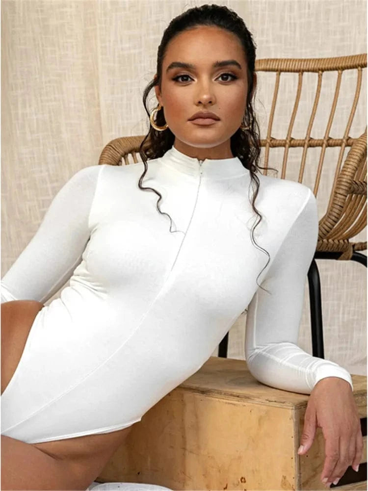 Shestyle Solid Zipper Bodycon Bodysuits Women Sexy Mock Neck Autumn Long Sleeve Fashion Slim Basic Body Winter Gray Outfits Lady - A-1 Thread Vault