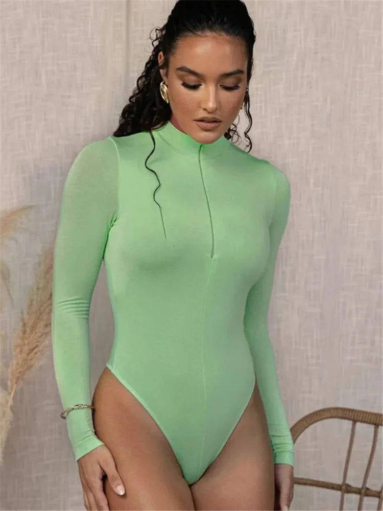 Shestyle Solid Zipper Bodycon Bodysuits Women Sexy Mock Neck Autumn Long Sleeve Fashion Slim Basic Body Winter Gray Outfits Lady - A-1 Thread Vault