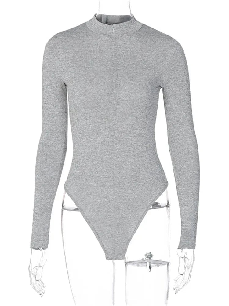 Shestyle Solid Zipper Bodycon Bodysuits Women Sexy Mock Neck Autumn Long Sleeve Fashion Slim Basic Body Winter Gray Outfits Lady - A-1 Thread Vault