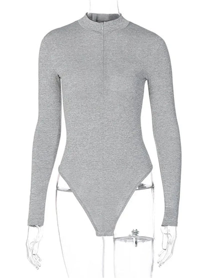 Shestyle Solid Zipper Bodycon Bodysuits Women Sexy Mock Neck Autumn Long Sleeve Fashion Slim Basic Body Winter Gray Outfits Lady - A-1 Thread Vault