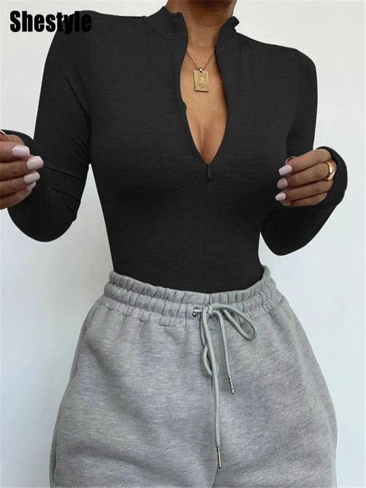 Shestyle Solid Zipper Bodycon Bodysuits Women Sexy Mock Neck Autumn Long Sleeve Fashion Slim Basic Body Winter Gray Outfits Lady - A-1 Thread Vault