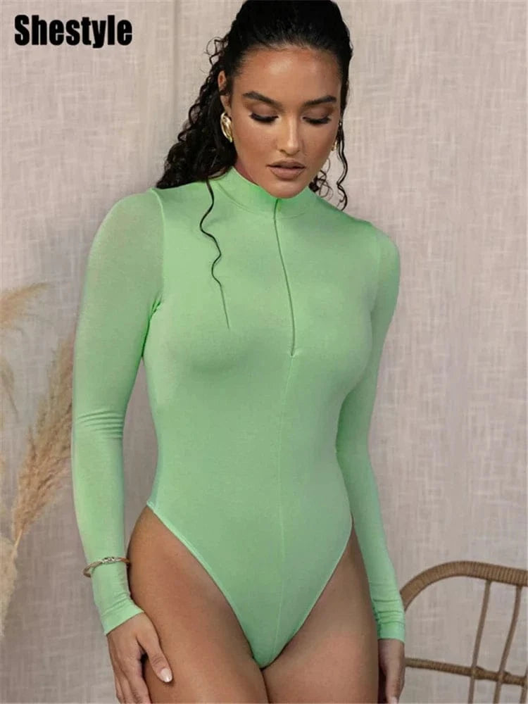 Shestyle Solid Zipper Bodycon Bodysuits Women Sexy Mock Neck Autumn Long Sleeve Fashion Slim Basic Body Winter Gray Outfits Lady - A-1 Thread Vault