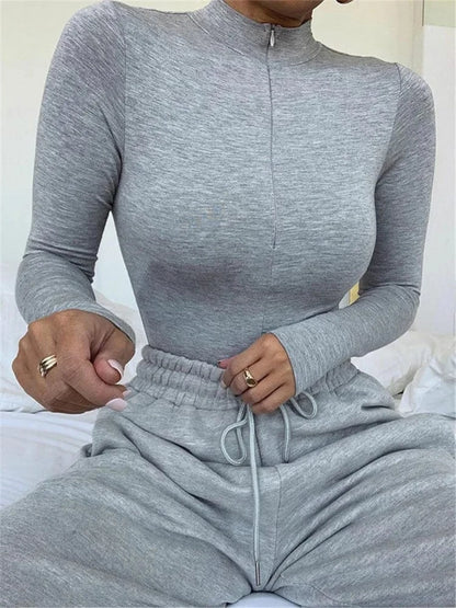 Shestyle Solid Zipper Bodycon Bodysuits Women Sexy Mock Neck Autumn Long Sleeve Fashion Slim Basic Body Winter Gray Outfits Lady - A-1 Thread Vault