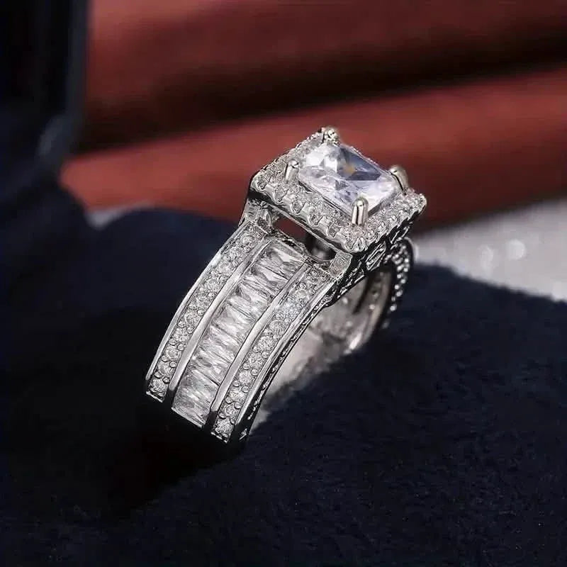 Shiny Halo Ring Inlaid Square Cut Shiny Zirconia Ring - A-1 Thread Vault