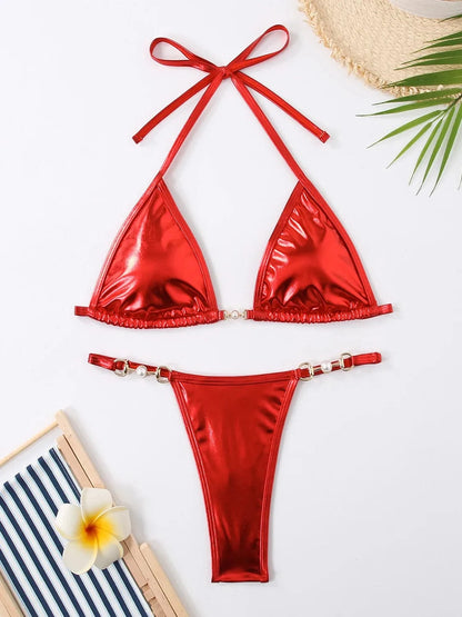 Shiny Pink Micro Bikini 2025 Mujer Women Sexy PU Pearls Push Up Thong Swimsuit Summer Bathing Suit Bandage Holiday Swimwear - A-1 Thread Vault