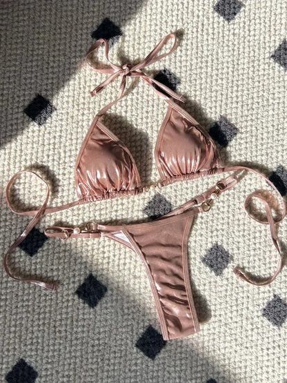 Shiny Pink Micro Bikini 2025 Mujer Women Sexy PU Pearls Push Up Thong Swimsuit Summer Bathing Suit Bandage Holiday Swimwear - A-1 Thread Vault