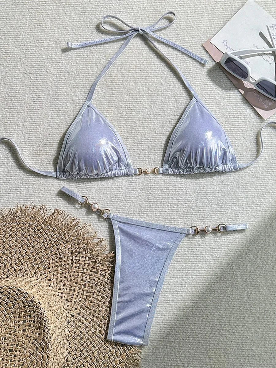 Shiny Pink Micro Bikini 2025 Mujer Women Sexy PU Pearls Push Up Thong Swimsuit Summer Bathing Suit Bandage Holiday Swimwear - A-1 Thread Vault