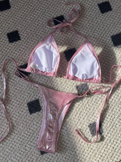 Shiny Pink Micro Bikini 2025 Mujer Women Sexy PU Pearls Push Up Thong Swimsuit Summer Bathing Suit Bandage Holiday Swimwear - A-1 Thread Vault