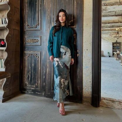 Shirt & Abstract Print Skirt Set | Collared Blouse Two-Piece Outfit(MS260) - A-1 Thread Vault