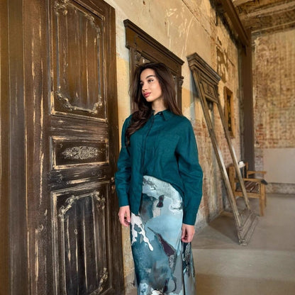 Shirt & Abstract Print Skirt Set | Collared Blouse Two-Piece Outfit(MS260) - A-1 Thread Vault