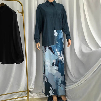 Shirt & Abstract Print Skirt Set | Collared Blouse Two-Piece Outfit(MS260) - A-1 Thread Vault