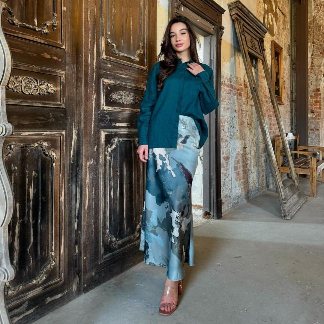 Shirt & Abstract Print Skirt Set | Collared Blouse Two-Piece Outfit(MS260) - A-1 Thread Vault