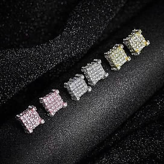 Silver Micro Pave Stud Earrings Clear Square 3D Sidestones - A-1 Thread Vault