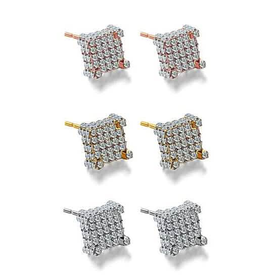 Silver Micro Pave Stud Earrings Clear Square 3D Sidestones - A-1 Thread Vault