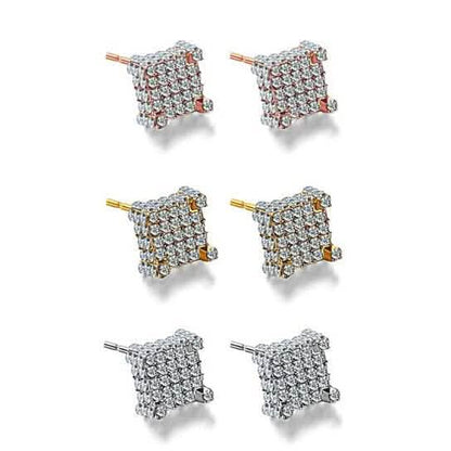 Silver Micro Pave Stud Earrings Clear Square 3D Sidestones - A-1 Thread Vault