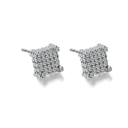 Silver Micro Pave Stud Earrings Clear Square 3D Sidestones - A-1 Thread Vault