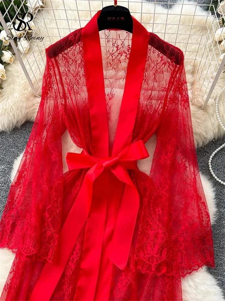 SINGREINY Elegant Sheer Caridigan Long Robes Female Lace Up Solid Long Sleeve Robes Fashion Women Transparent Lace Sensual Robes - A-1 Thread Vault