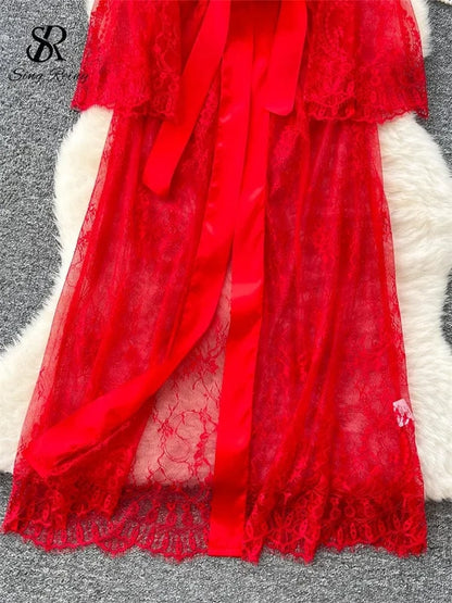SINGREINY Elegant Sheer Caridigan Long Robes Female Lace Up Solid Long Sleeve Robes Fashion Women Transparent Lace Sensual Robes - A-1 Thread Vault