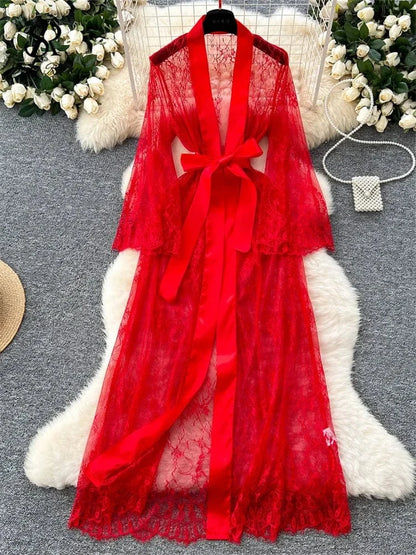 SINGREINY Elegant Sheer Caridigan Long Robes Female Lace Up Solid Long Sleeve Robes Fashion Women Transparent Lace Sensual Robes - A-1 Thread Vault