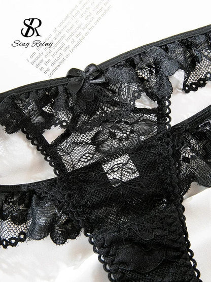 SINGREINY Hotsweet Lace Night Underwear Suits Women Strap Sheer Mesh Bra+Ruffles Thongs 2025 Erotic Lingerie Two Pieces Sets - A-1 Thread Vault
