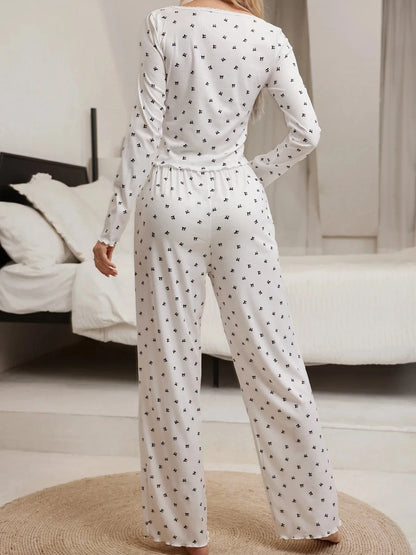 Sleepwear Suit Cute Bowknot Print Lettuce Trim Top with Long Pant Lovely Loungewear Full Sleeve Nightwear Autumn Pajamas Set - A-1 Thread Vault