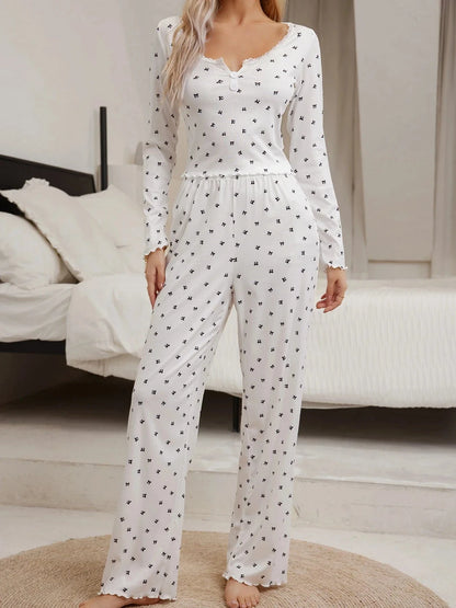 Sleepwear Suit Cute Bowknot Print Lettuce Trim Top with Long Pant Lovely Loungewear Full Sleeve Nightwear Autumn Pajamas Set - A-1 Thread Vault