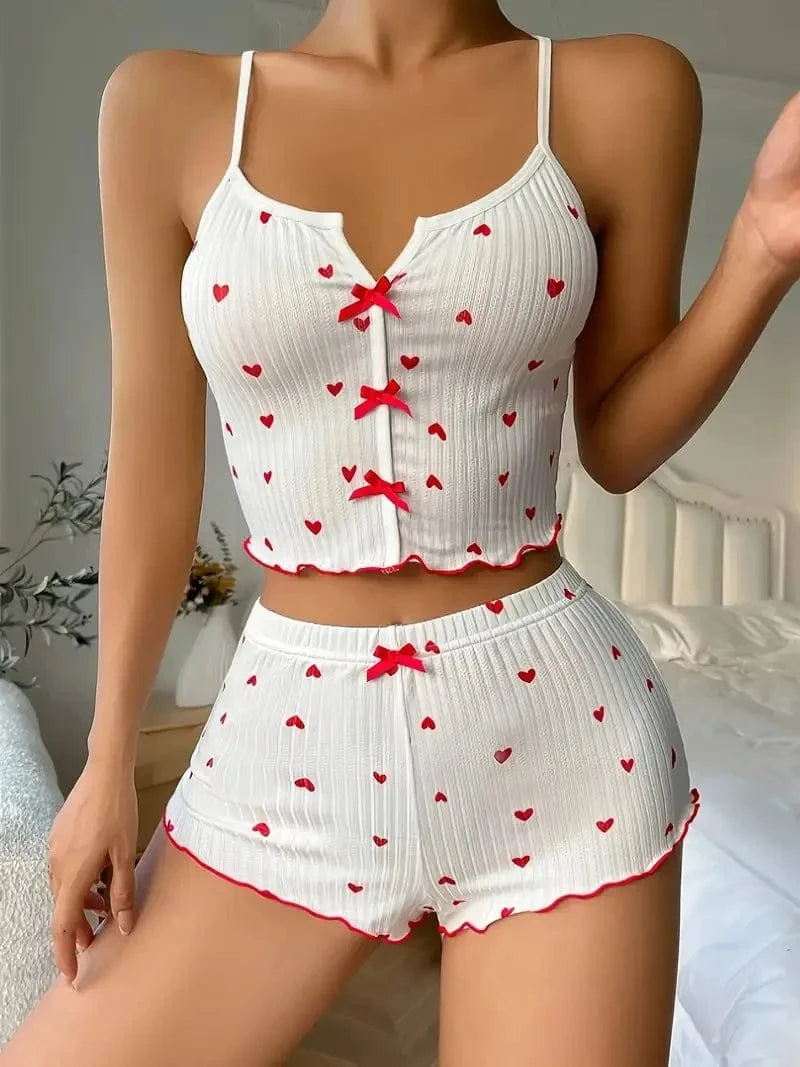 Sleepwear Women Pajamas Set Heart Print Soft Ribbed Fabric with Flirty Frill Trim Casual Cami Top and Shorts Sets Loungewear - A-1 Thread Vault