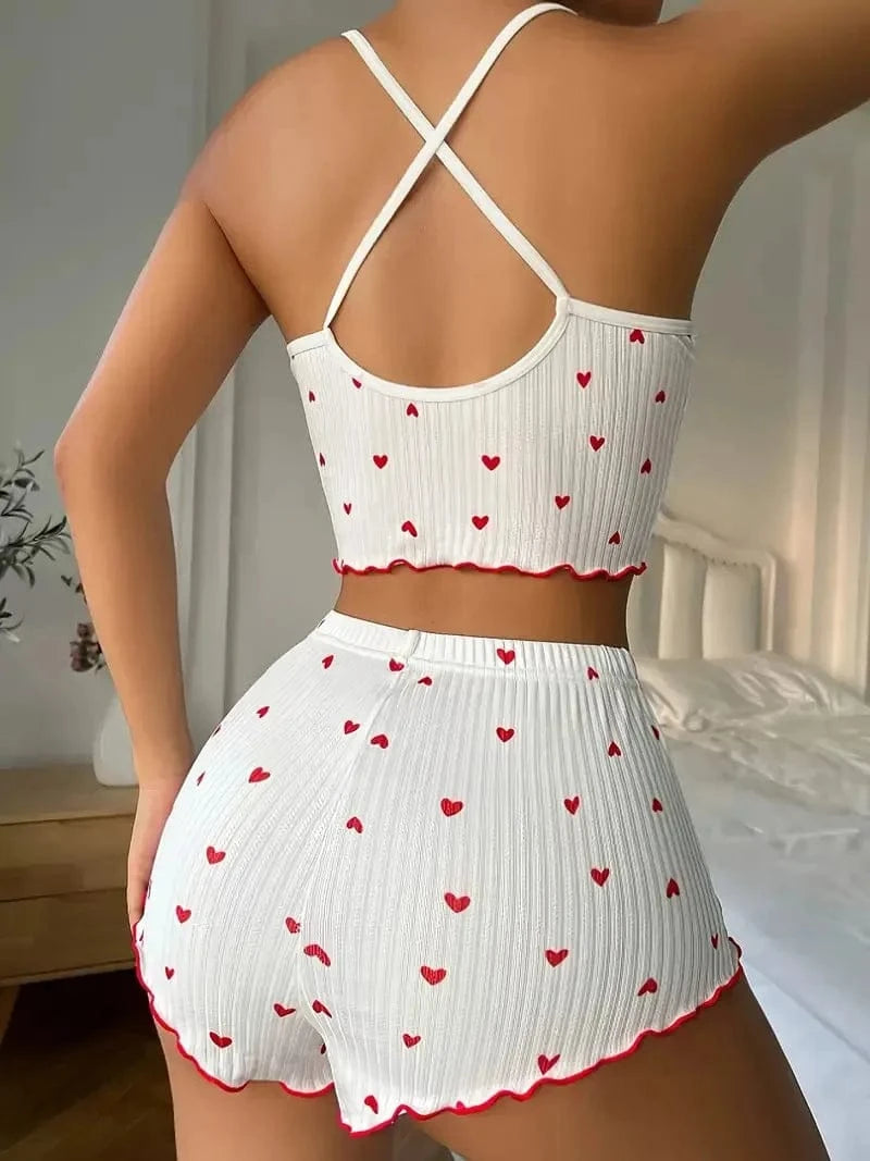 Sleepwear Women Pajamas Set Heart Print Soft Ribbed Fabric with Flirty Frill Trim Casual Cami Top and Shorts Sets Loungewear - A-1 Thread Vault