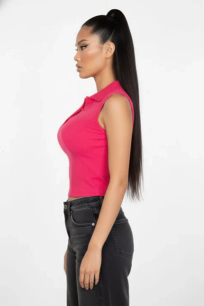 Slim-fit Sleeveless Polo Collar Crop Top - A-1 Thread Vault