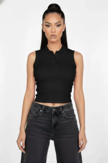 Slim-fit Sleeveless Polo Collar Crop Top - A-1 Thread Vault