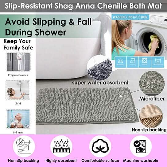 Slip-Resistant Shag Anna Chenille Soft Absorbent Bath Mat Bathroom Rug 17" x 24" - A-1 Thread Vault
