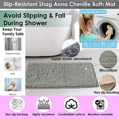 Slip-Resistant Shag Anna Chenille Soft Absorbent Bath Mat Bathroom Rug 17" x 24" - A-1 Thread Vault